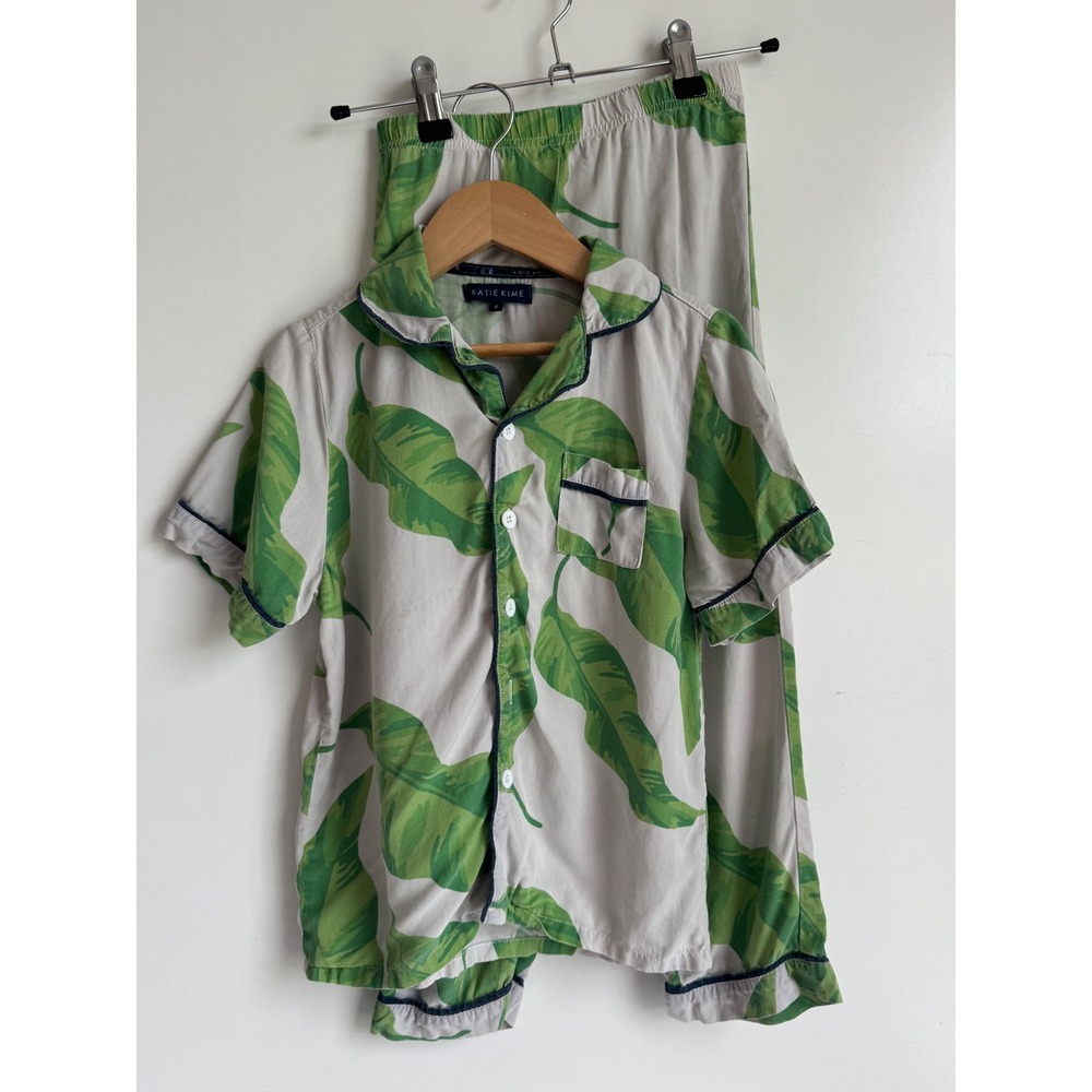 Katie Kime Kids Banana Leaf Pajama Set Green White Cotton Size 6 PJ Sleepwear